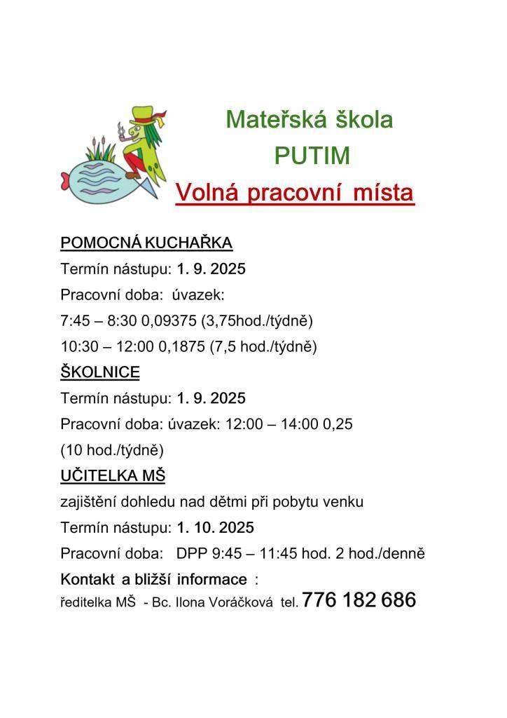 Nabídka volných pracovních míst: pozice- pomocná kuchařka, školnice, učitelka