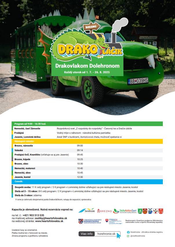 Počas mesiacov júl a august bude každý utorok premávať našou obcou Drakovláčik.