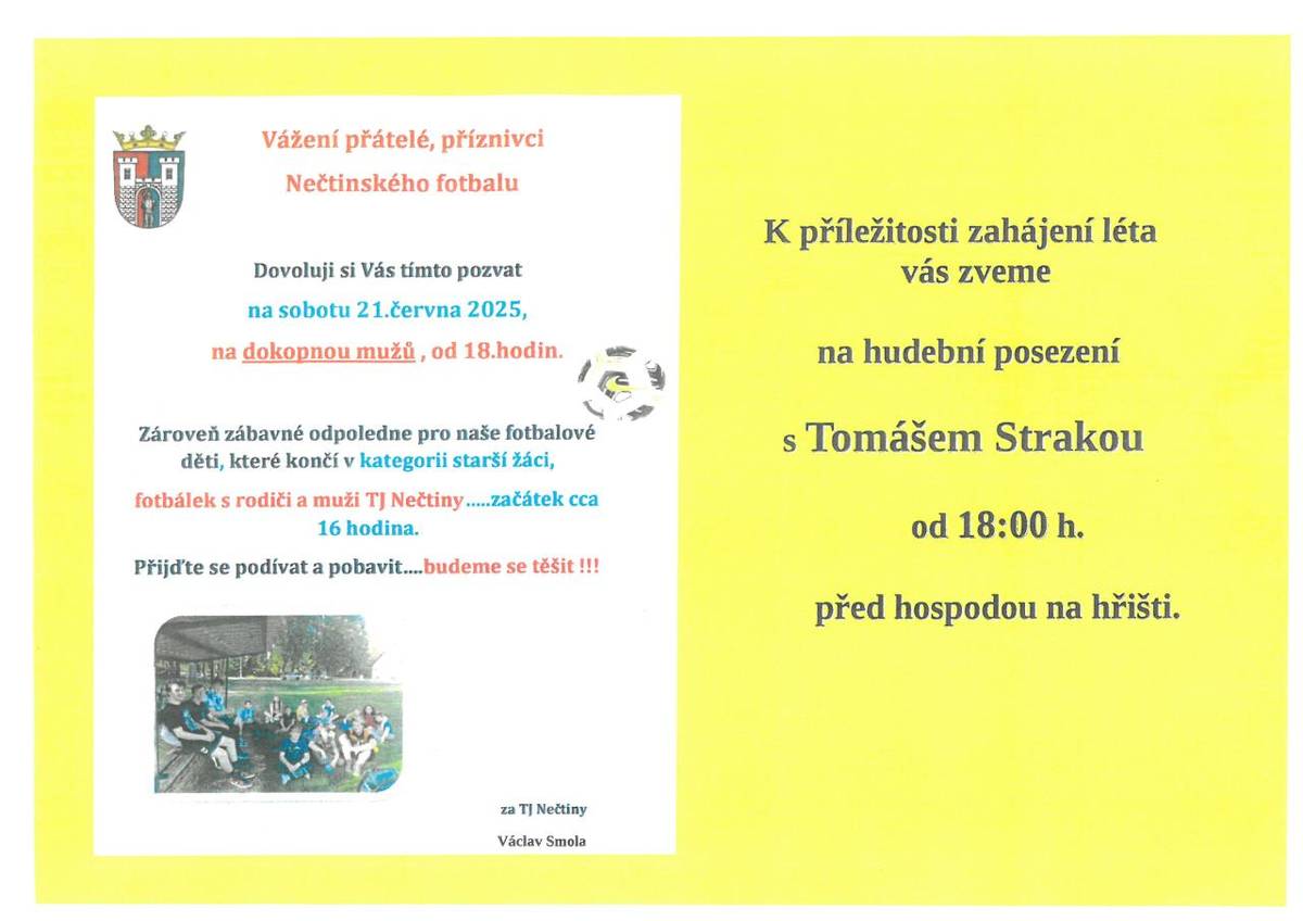 Zveme vás na dokopnou mužů, která se koná v sobotu 21. června 2025 od 18 hodin, a na zábavné odpoledne pro děti a rodiče, které začne již v 16 hodin. Přijďte se pobavit a užít si fotbal s TJ Nečtiny!