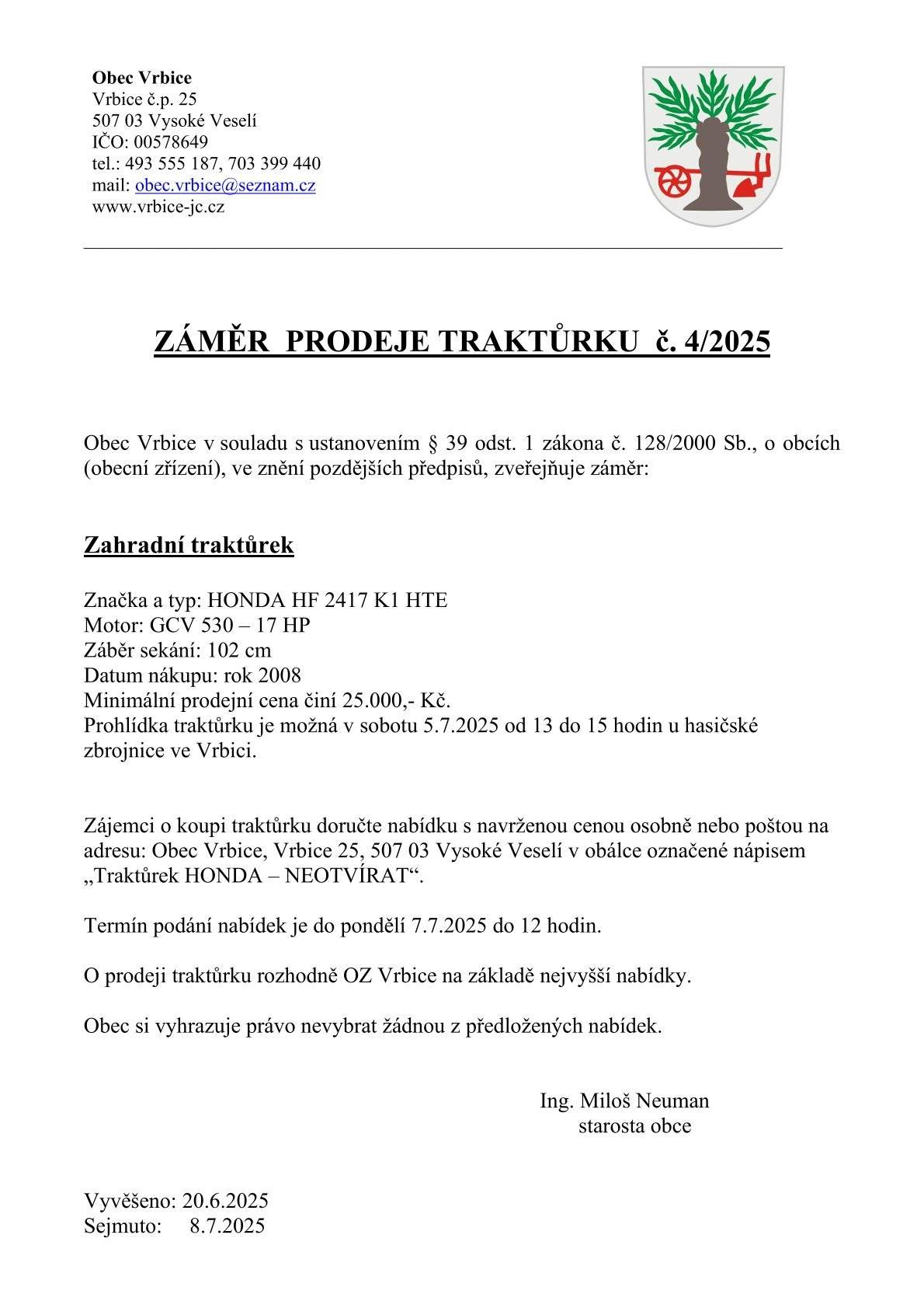 Záměr prodat traktůrek