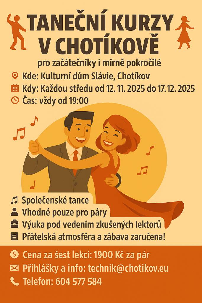 Máte rádi tanec a zábavu? Pak jsou tyto taneční kurzy přímo pro vás. Každou středu od 19 hodin v Kulturním zařízení Slávie. Přihlaste se a protančete se svým partnerem střevíce.