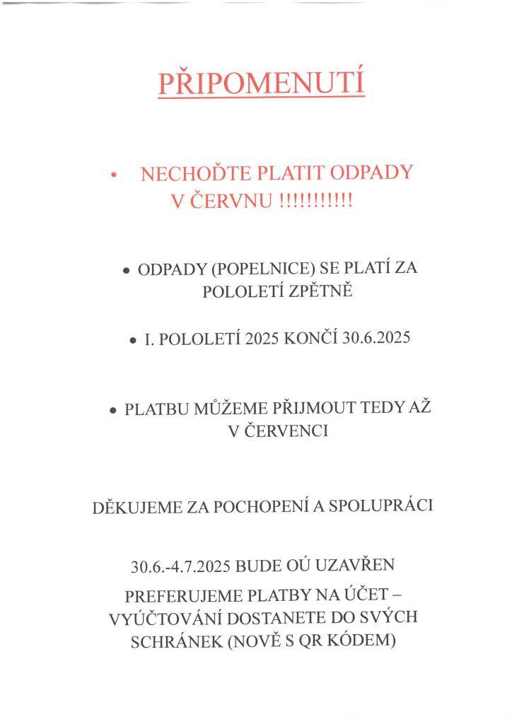 PŘIPOMENUTÍ K PLATBÁM ZA ODPADY