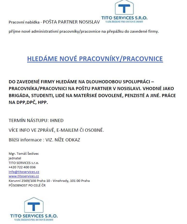 Nabídka práce na Pošta Parner Nosislav