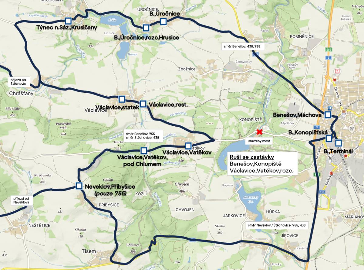 Při uzavírce mostu v Konopišti dojde k výrazným úpravám jízdních řádů autobusů. PID informuje o nových jízdních řádech.