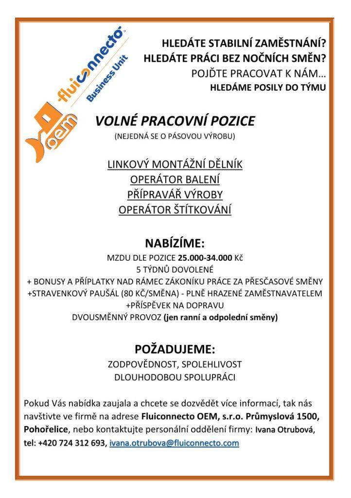 Fluiconnecto OEM s.r.o. Pohořelice hledá nové pracovníky.