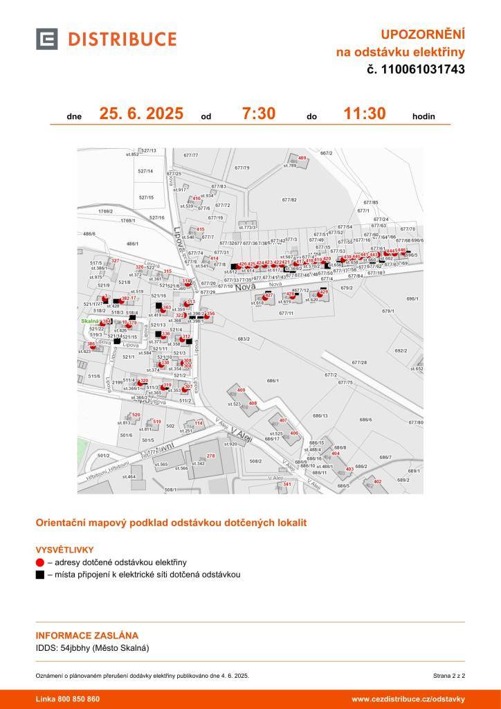 Upozorňujeme občany na plánované přerušení dodávky elektrické energie, které proběhne ve středu 25. června 2025 v čase od 7:30 do 11:30 hodin.