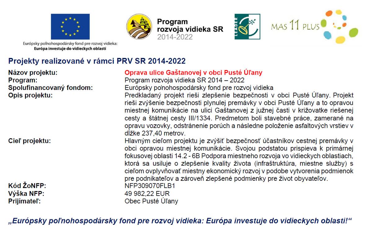 Projekt rieši zvýšenie bezpečnosti plynulej premávky v obci Pusté Úľany a to opravou miestnej komunikácie na ulici Gaštanovej z južnej časti v križovatke riešenej cesty a štátnej cesty III/1334.