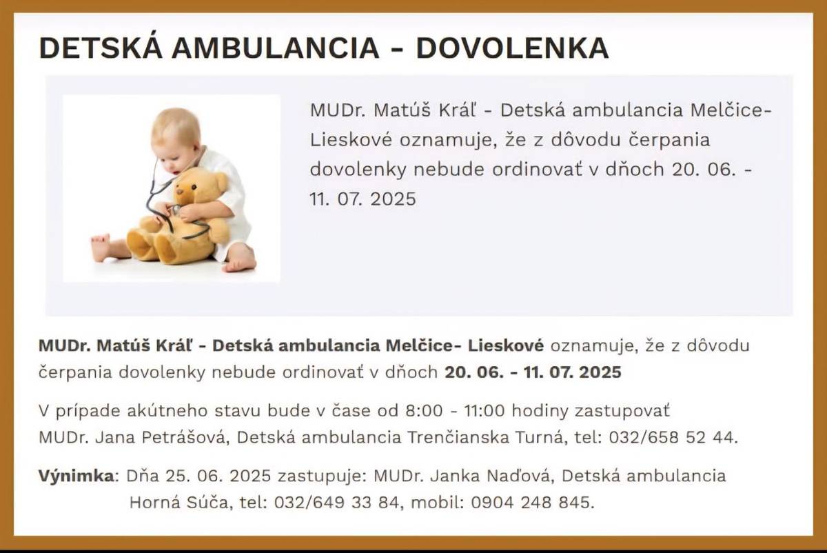 Detská ambulancia Melčice - Lieskové - dovolenka