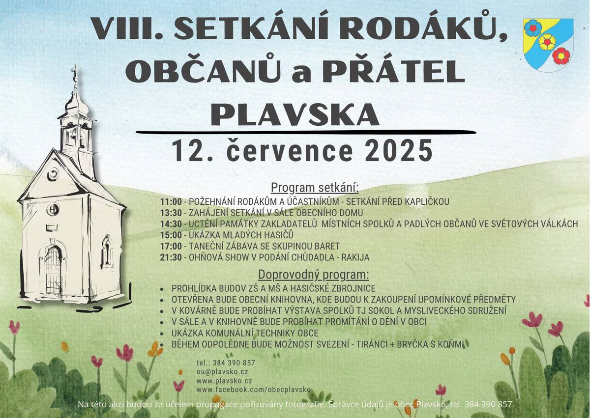 📣 Srdečně zveme všechny rodáky, občany a přátele obce Plavsko na tradiční 8. setkání, které se uskuteční v sobotu 12. července 2025. Přijďte si užít společné chvíle, zavzpomínat a setkat se s přáteli! Podrobnosti brzy zveřejníme. Těšíme se na vás! Obec Plavsko❤️💛💙