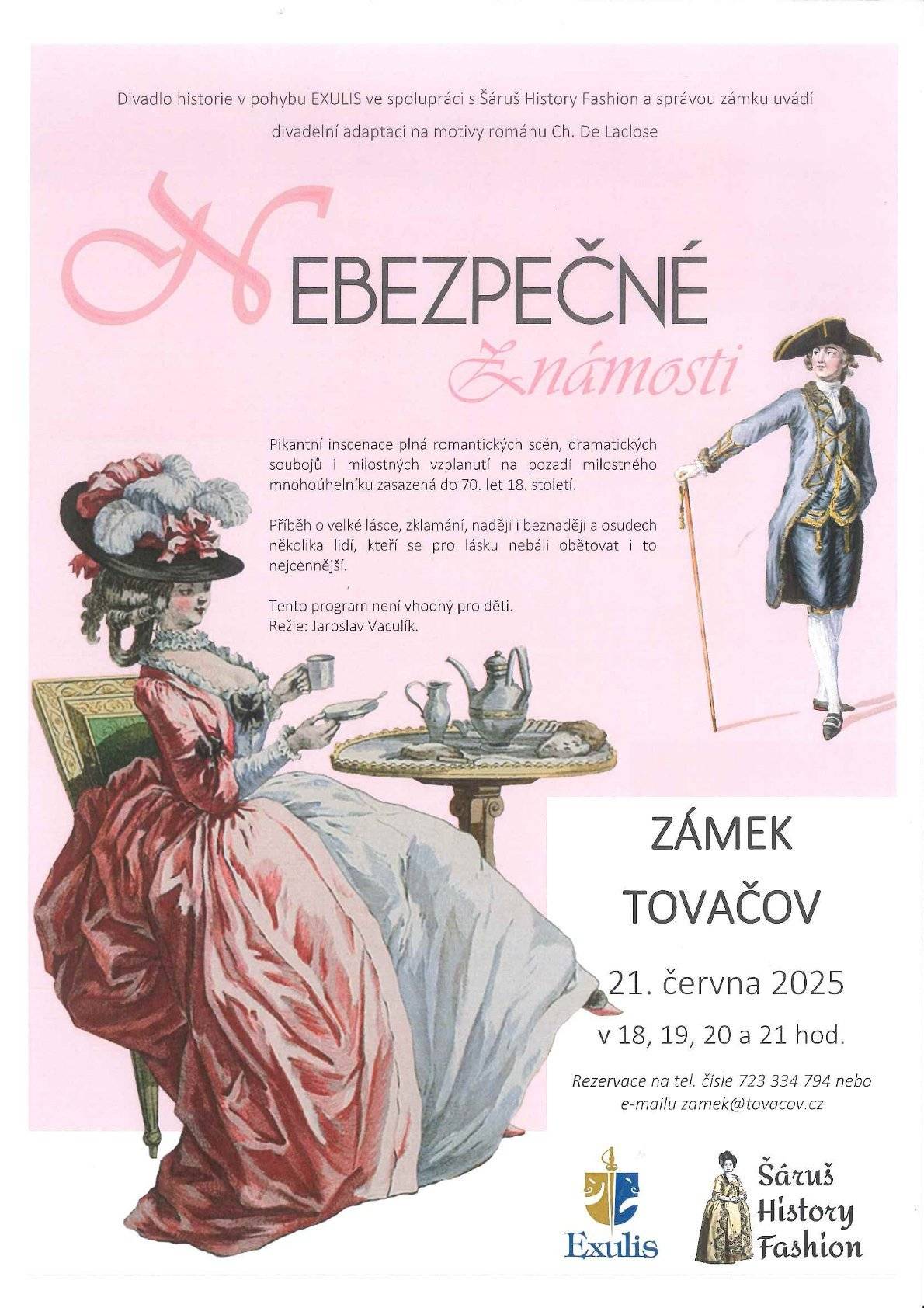 Zveme vás dnes 20.6. do zámeckého parku na divadlo Dvě čárky, začátek je ve 20h. V sobotu 21.6. vystoupí na zámku v Tovačově divadlo EXULIS s divadelním představením Nebezpečné známosti, v 18, 19, 20 a 21h, rezervace na tel.723334794.