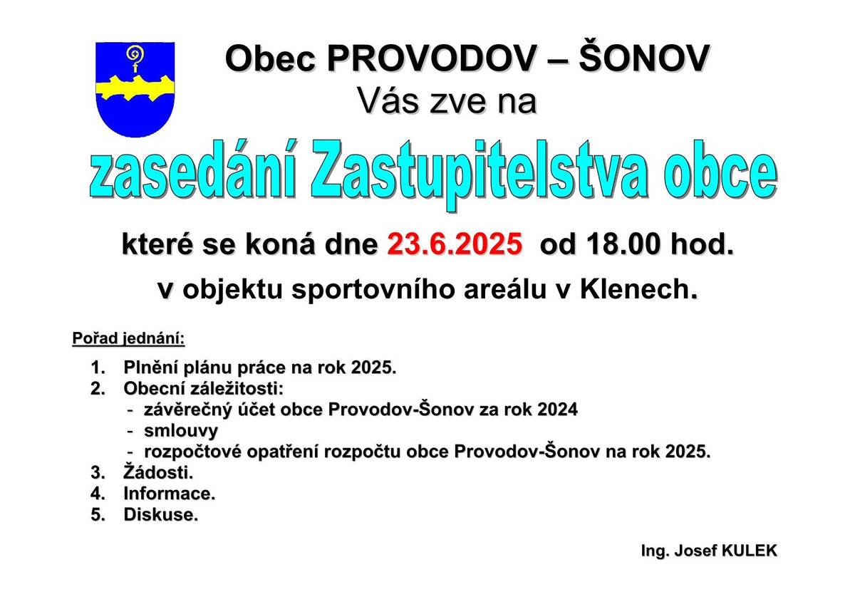 Vážení přátelé, přinášíme aktuality: 👉 pozvánku na jednání zastupitelstva obce do Klen 👉 pozvánku na koncert do Pohoří 👉 návrh železničního jízdního řádu pro rok 2026 k připomínkování Přejeme pohodové červnové dny🌞. #obecprovodovsonov #aktuality