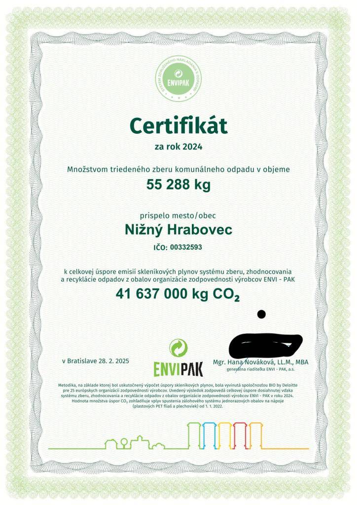 Obec Nižný Hrabovec prispela množstvom 55 288 kg triedeného zberu komunálneho odpadu k celkovej úspore emisií skleníkových plynov systémom zberu, zhodnocovania a recyklácie odpadov z obalov organizácie zodpovednosti výrobcov ENVI - PAK.