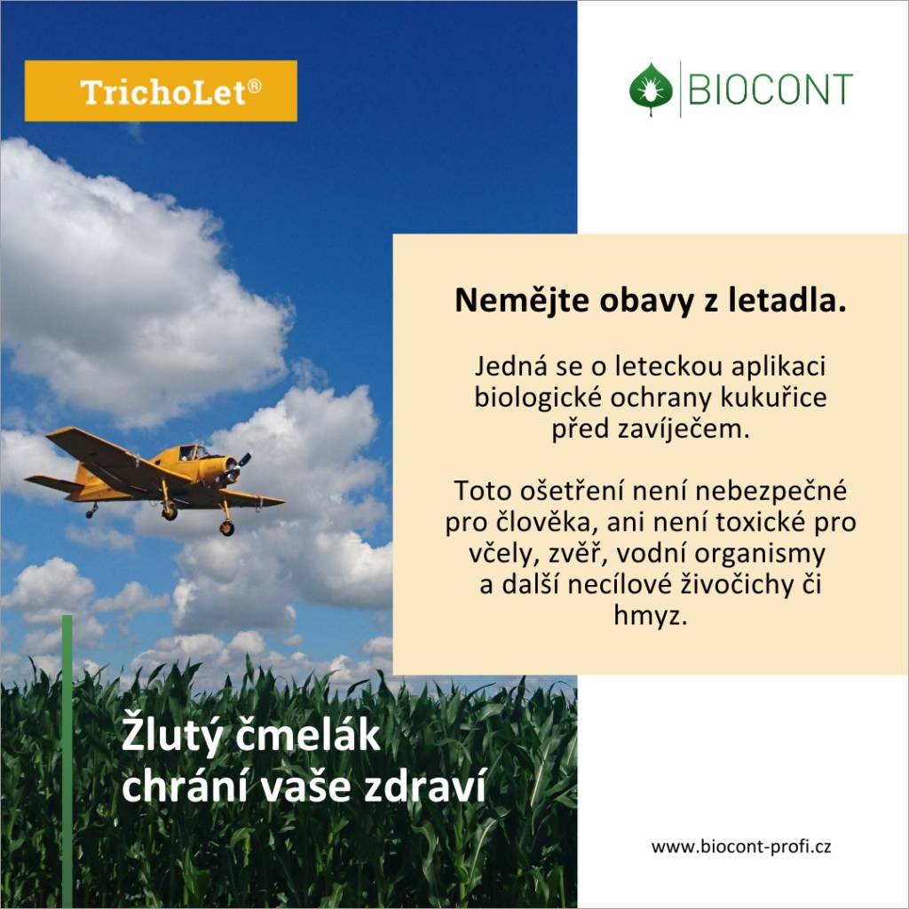 BIOCONT LABORATORY informuje o plánované letecké aplikaci biologické ochrany kukuřice pomocí přípravku TrichoLet, který je šetrný k životnímu prostředí. Aplikace proběhne ve dvou vlnách v polovině června a během několika dní po ní.