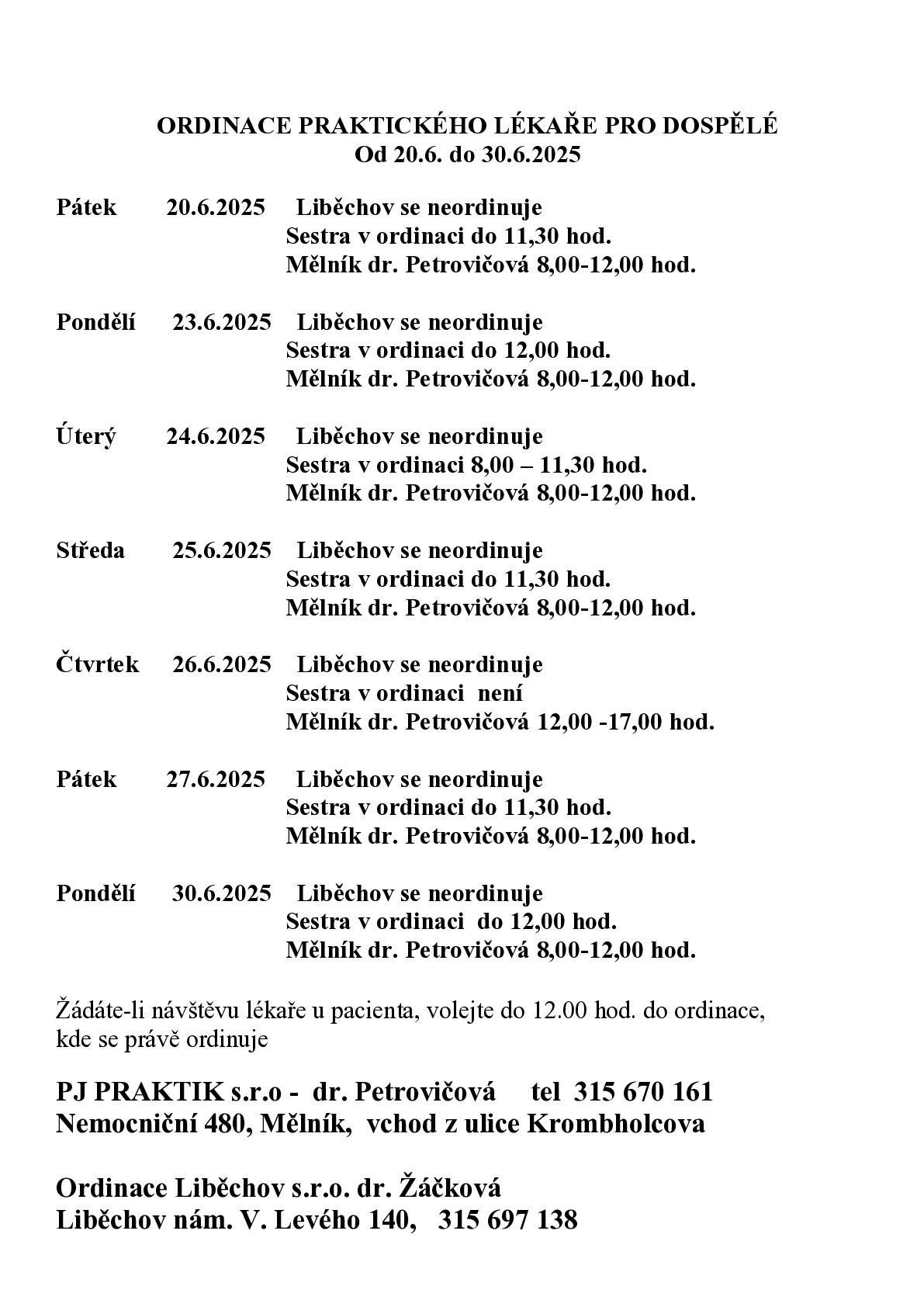 Ordinace praktického lékaře pro dospělé Liběchov - dovolená od 20.6.2025 do 30.6.2025