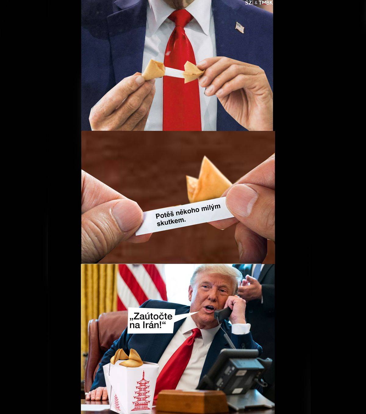 Americký prezident Donald Trump se rozhodl, jestli USA zaútočí na Írán. Koláž TMBK pro SZ.