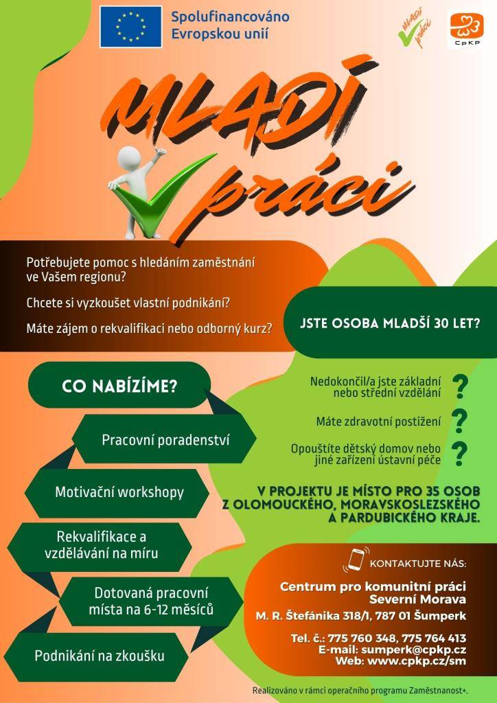 Cílem projektu „Mladí v práci“ je systematická pracovní integrace 35-ti osob mladších 30 let v Olomouckém, Moravskoslezském a Pardubickém kraji.