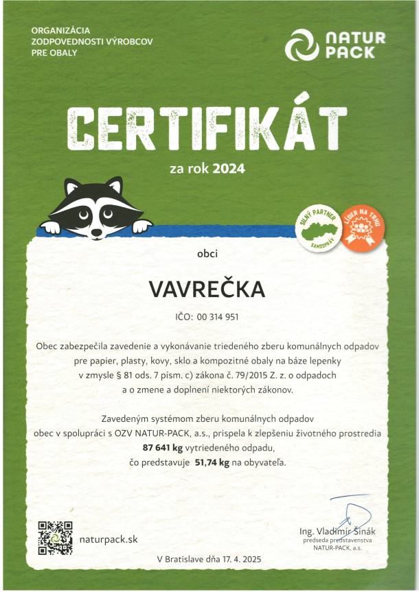 Certifikát pre obec Vavrečka za rok 2024 - NATUR PACK