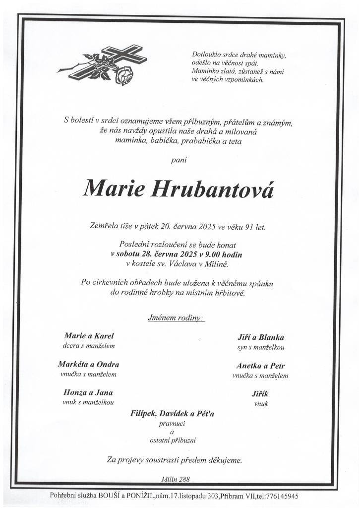 Marie Hrubantová zemřela 20. června 2025.
