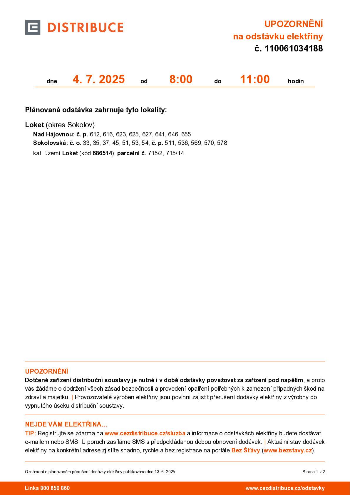 Oznámení o plánované odstávce elektřiny 4. 7. 2025