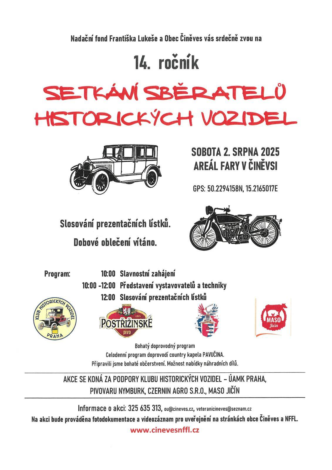 POZVÁNKA NA 14. ROČNÍK SETKÁNÍ SBĚRATELŮ HISTORICKÝCH VOZIDEL V ČINĚVSI