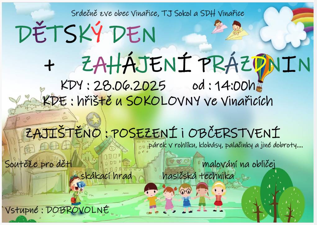 Dětský den a zahájení prázdnin 28.6. od 14.00 u Sokolovny