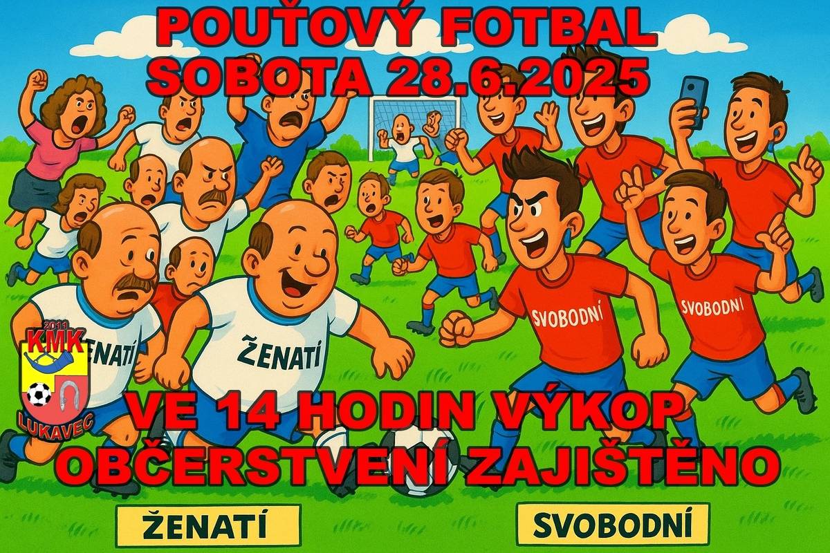 KMK Lukavec zve všechny příznivce klubu a malé kopané na tradiční utkání mezi ženatými a svobodnými, které se uskuteční v sobotu 28. června 2025 ve 14 hodin na hřišti v Lukavci. Občerstvení je zajištěno. Přijďte fandit a užít si příjemné odpoledne!