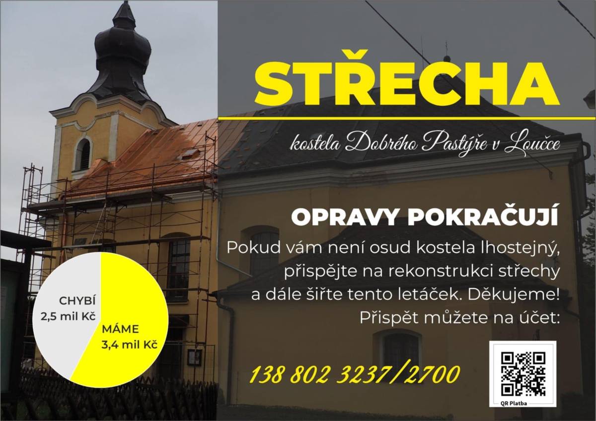 Važení občané, v těchto dnech Vás budou navštěvovat zástupci farnosti s informacemi o opravě střechy kostela v Loučce a prosit o finanční výpomoc