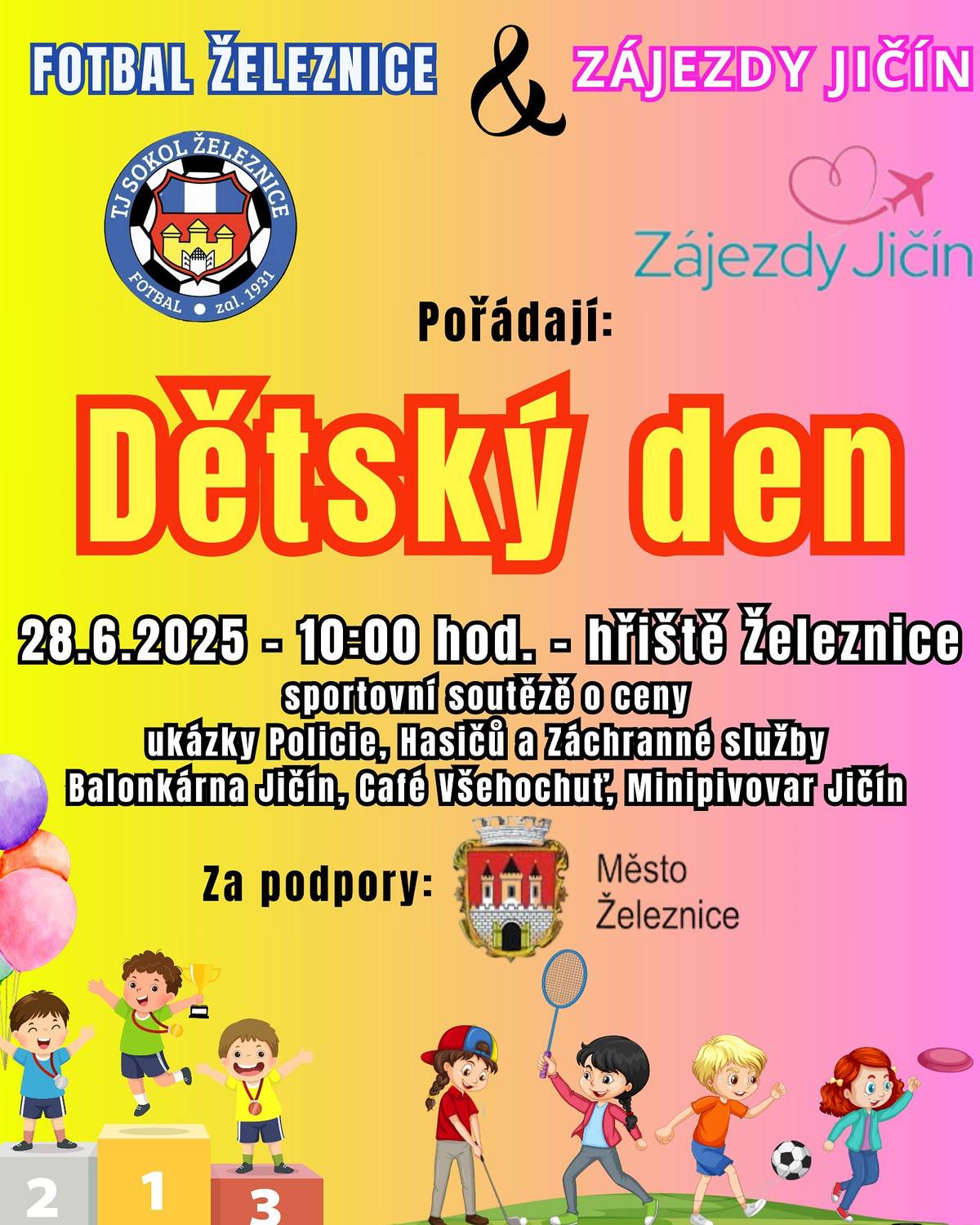 Škola končí, prázdniny začínají, tak proč se nepobavit?  V sobotu 28. června je od 10 hodin připraven pro děti na hřišti v Železnici DĚTSKÝ DEN s pestrým programem a chutným občerstvením.  Od 16 hodin se pak v Kafé Pod Vinicí koná další MUZIKANTSKÝ VEČER. Přijďte si zahrát a zazpívat. Více informací na plakátech.
