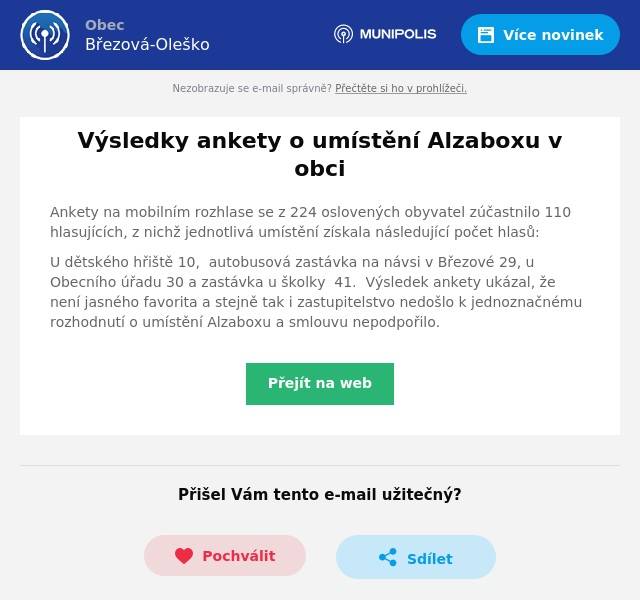 Ankety na mobilním rozhlase se z 224 oslovených obyvatel zúčastnilo 110 hlasujících, z nichž jednotlivá umístění získala následující počet hlasů: U dětského hřiště 10,  autobusová zastávka na návsi v Březové 29, u Obecního úřadu 30 a zastávka u školky  41.  Výsledek ankety ukázal, že není jasného favorita a stejně tak i zastupitelstvo nedošlo k jednoznačnému rozhodnutí o umístění Alzaboxu a smlouvu nepodpořilo.