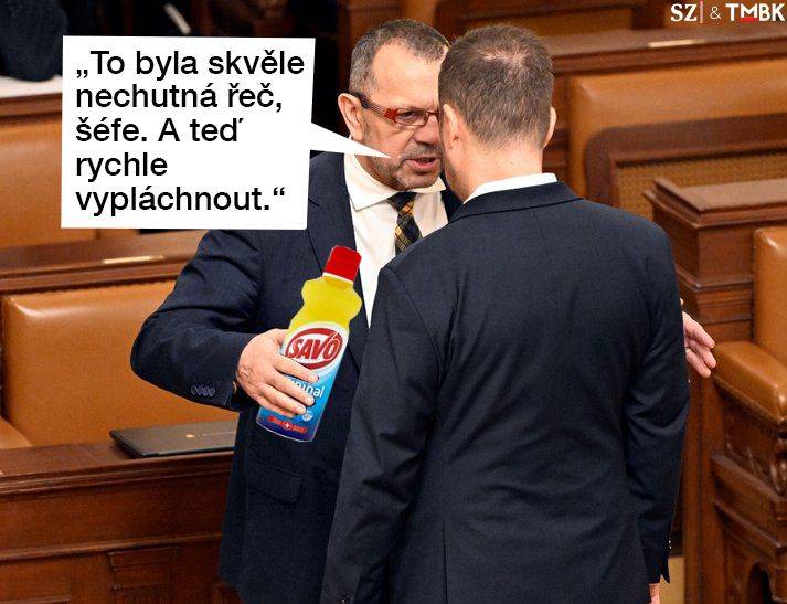 Tomio Okamura (SPD) se během projevu na mimořádné schůzi v Poslanecké sněmovně navážel zejména do Ukrajinců v Česku a burcoval k nenávisti. Koláž TMBK pro SZ.