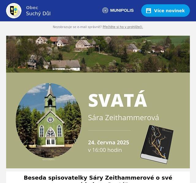 Beseda spisovatelky Sáry Zeithammerové o své nové knize ,,Svatá" Mariánská zjevení Kristiny Ringlové v lese nad Suchým Dolem byla inspirací pro román "Svatá". Loňská rezidentka Literárního domku Sára Zeithammerová se po roce do Broumova vrací představit svou novou knihu  ! úterý 24. června v 16:00 hodin Městská knihovna v Broumově Loňská rezidentka klášterního Literárního domku, Sára Zeithammerová, v besedě nad její novou knihou "Svatá.""Svatá" je příběh o lásce, víře a nekonečné vůli a vychází ze skutečných událostí, které se odehrály v devatenáctém století na Broumovsku.Sára Zeithammerová (*1997) je scenáristka a spisovatelka. Narodila se ve Spojených státech amerických, většinu života strávila v Praze. Je autorkou scénáře minisérie Pět let (2022), nominována na Českého lva a Cenu české filmové kritiky. Debutovala románem "Stehy" (2022), který se dostal do širšího výběru na Cenu Jiřího Ortena. Pravidelně přispívá do edice Česká povídka. Svatá je její druhý román.Moderuje Šárka RambouskováVstup zdarma