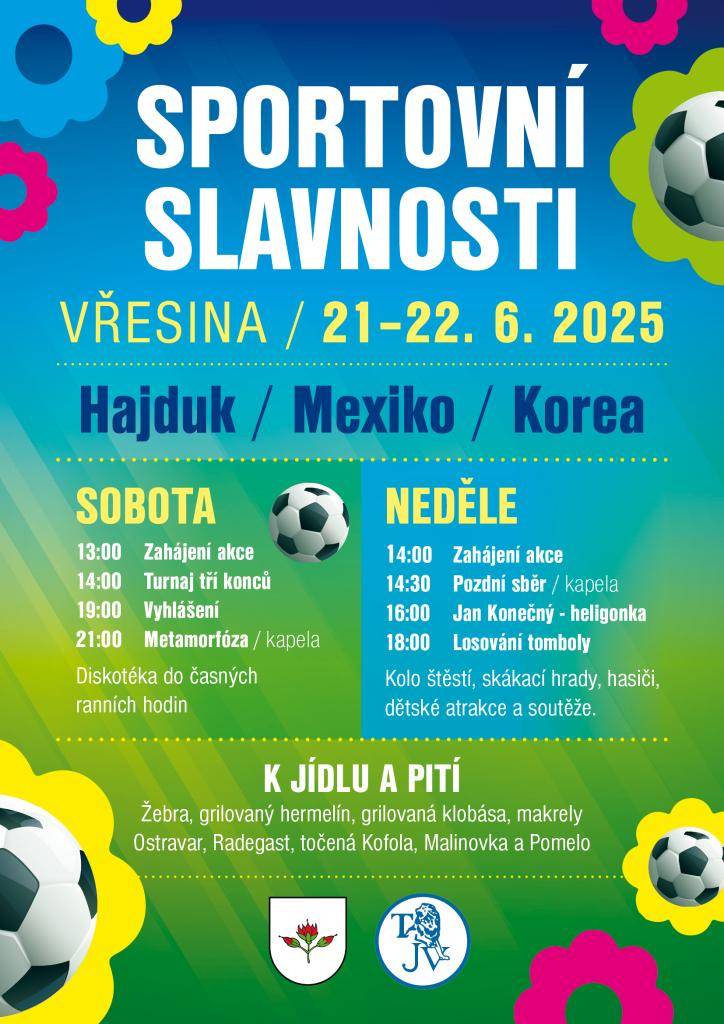 21. a 22. června 2025 se konaly v areálu TJ Vřesina tradiční Sportovní slavnosti. Nechyběl ani Turnaj tří konců, ve kterém zvítězilo opět mužstvo MEXIKO.   Gratulujeme všem ke krásným sportovním výkonům!
