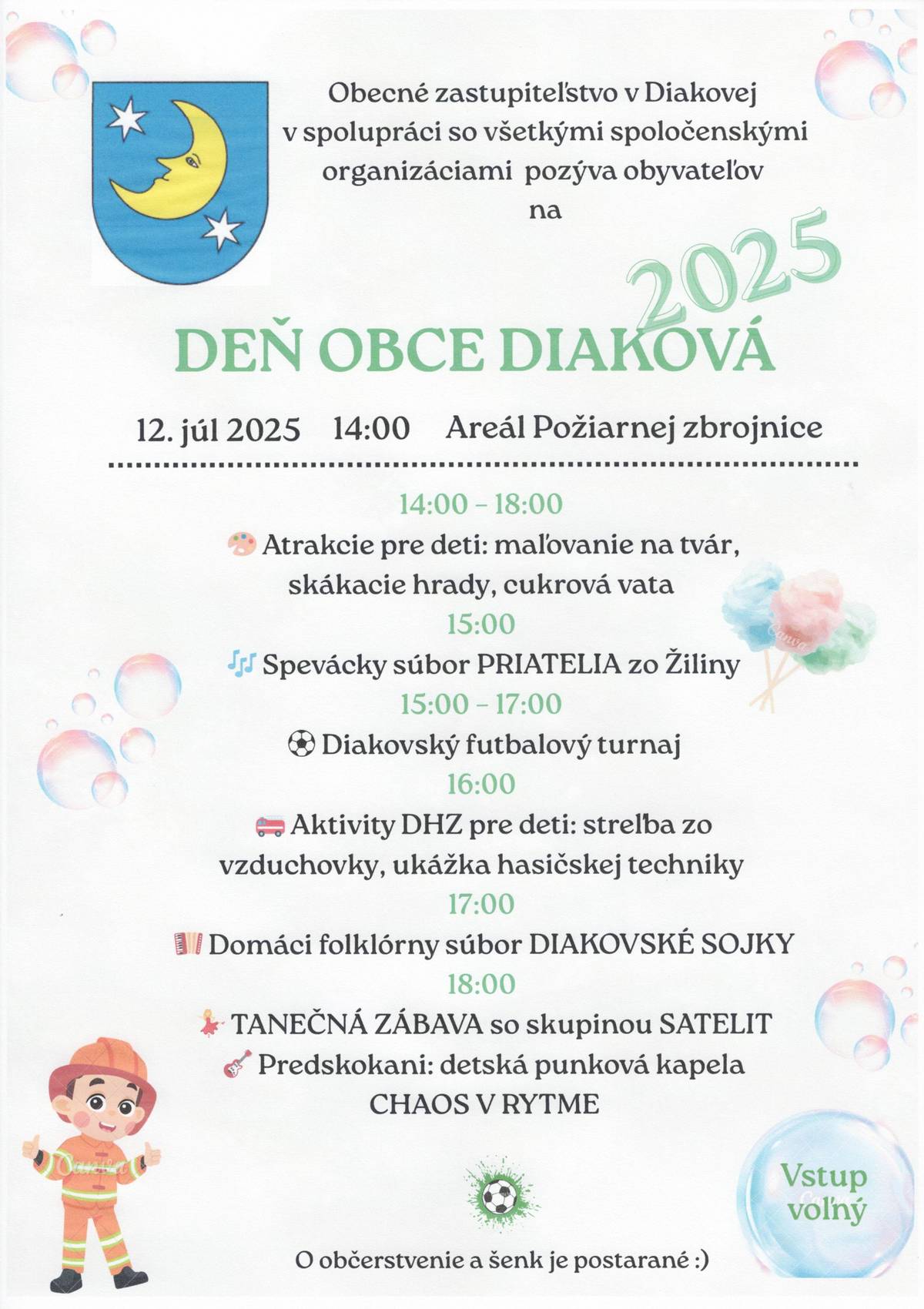 Obec Diaková a všetky spoločenské organizácie pozývajú obyvateľov obce na Deň obce Diaková, ktorý sa uskutoční v sobotu 12. júla 2025 so začiatkom od 14 h v aráli Požiarnej zbrojnice v Diakovej č. 8.  Do tanca bude hrať domáca skupina SATELIT.  O občerstvenie a šenk je postarané.  Vstup voľný :)