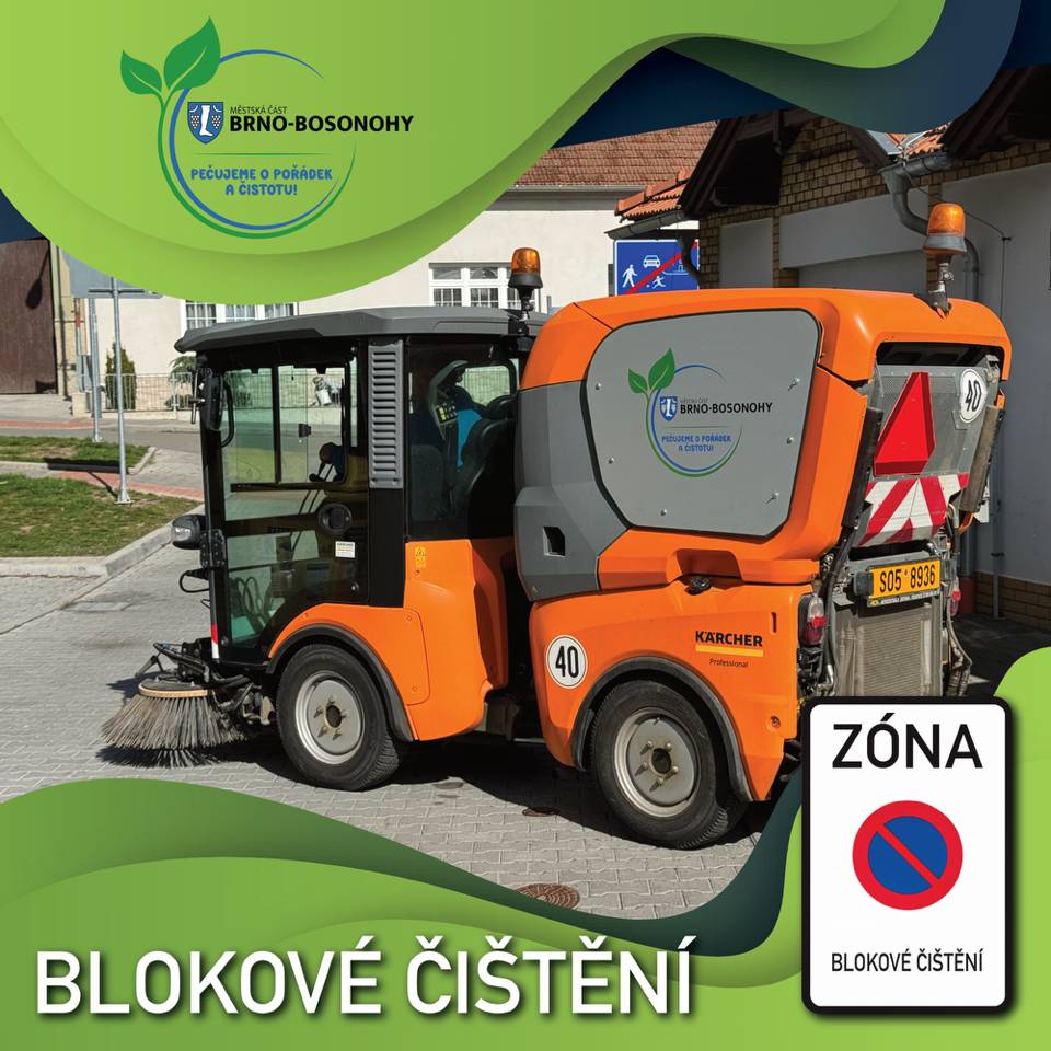 Dne 25.6.2025 bude probíhat blokové čištění ulic:  🧹Vzhledná 🧹parkoviště u Brněnky 🧹Troubská