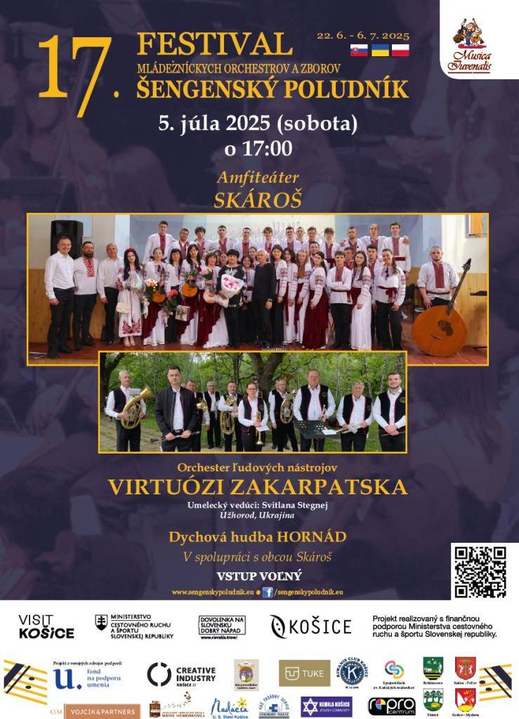 Orchester ľudových nástrojov "VIRTUÓZI ZAKARPATSKA" v spolupráci s obcou Skároš, Vás pozývajú na 17. festival mládežníckych orchestrov a zborov "Šengenský poludník", dňa 05. júla 2025 (sobota) o 17.00 hod v amfiteátri obce Skároš.