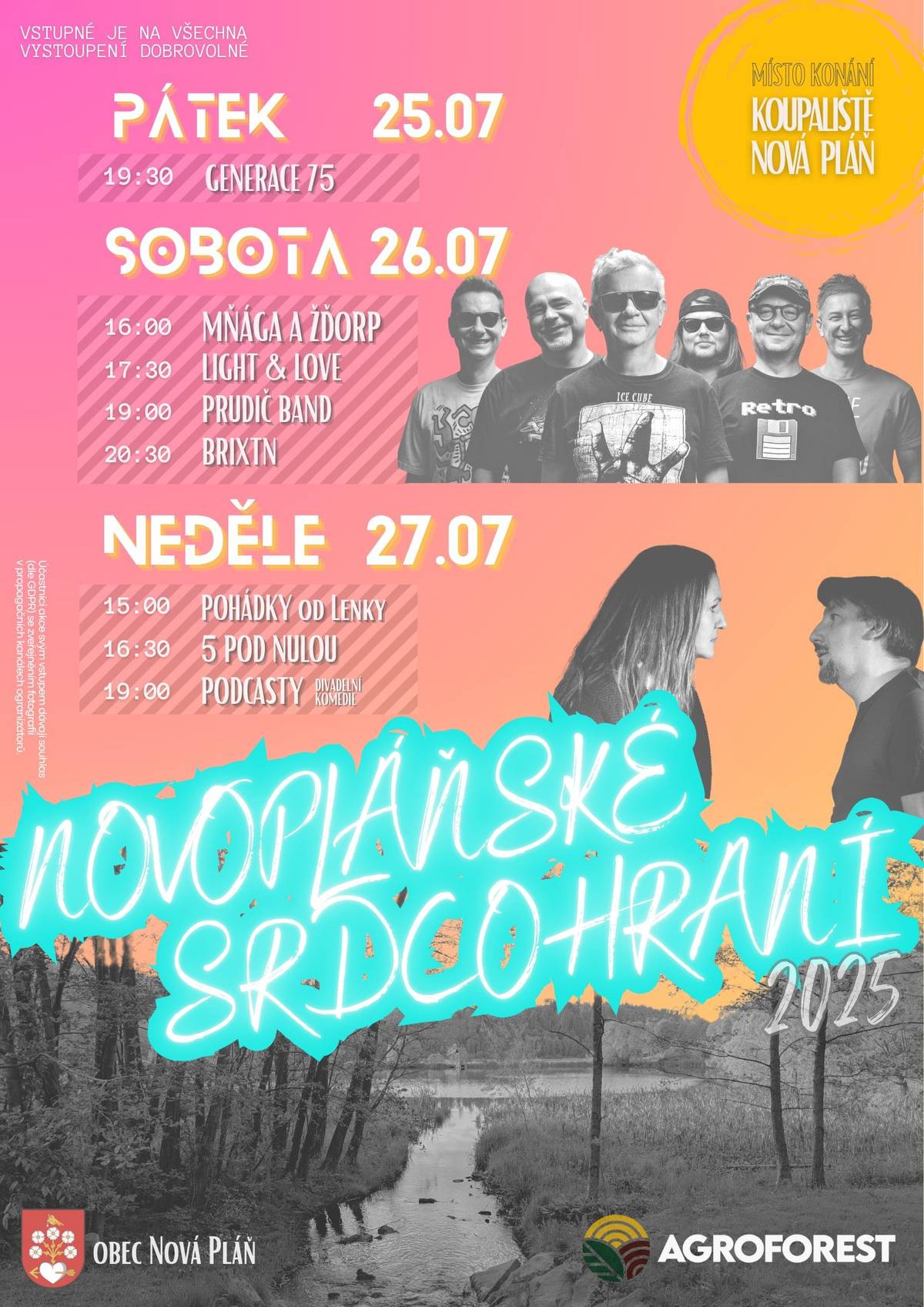 Obec Nová Pláň srdečně zve na akci "NOVOPLÁŇSKÉ SRDCOHRANÍ 2025", která se koná na koupališti od pátku 25. července do neděle 27. července 2025. Vstupné je na všechna vystoupení dobrovolné.