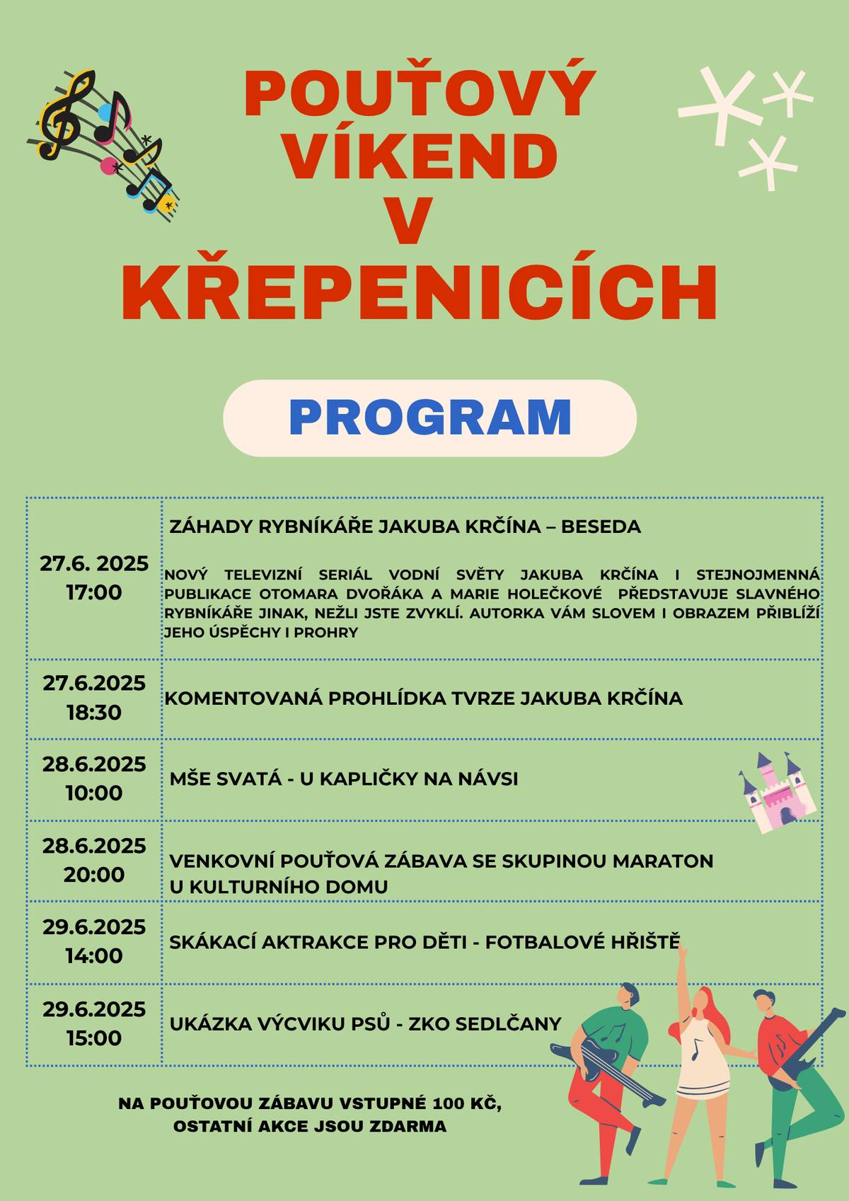 Dobrý den, dovolte nám pozvat vás na akce, které proběhnou během následujícího pouťového víkendu:   pátek 27.6.  17:00 - Beseda na téma Záhady rybníkáře Jakuba Krčína s Marií Holečkovou, 18:30 - komentovaná prohlídka tvrze Jakuba Krčína. Sobota 28.6.  10:00 - Mše svatá na návsi u kapličky, 20:00 - Venkovní pouťová zábava se skupinou Maraton u KD.   Neděle 29.6. 14:00 - skákací atrakce pro děti na hřišti  15:00 - ukázka výcviků psů od ZKO Sedlčany.  Na pouťovou zábavu vstupné 100 Kč,  ostatní akce jsou zdarma.