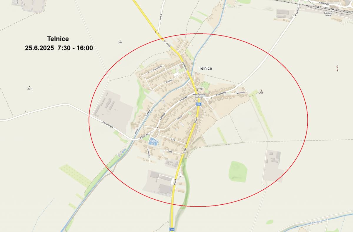 důvodu plánovaných prací na zařízení distribuční soustavy bude v celé obci Telnice (mimo Nádražní čtvrť) přerušena dodávka elektrické energie ve středu 25. června 2025 od 7:30 do 16:00. Děkujeme za pochopení.