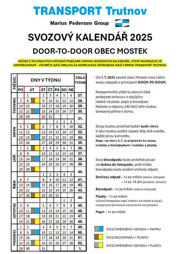 Upozorňujeme Vás na změnu v harmonogramu svozu odpadu. Nové termíny byly stanoveny svozovou firmou z důvodu technických opatření.