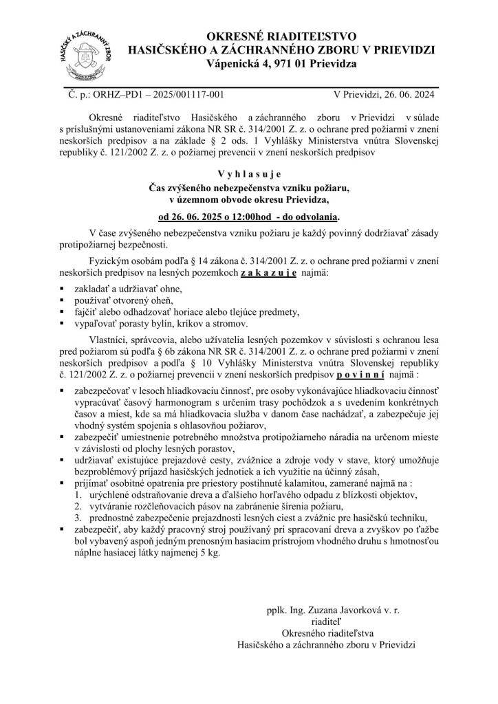 Čas zvýšeného nebezpečenstva vzniku požiaru