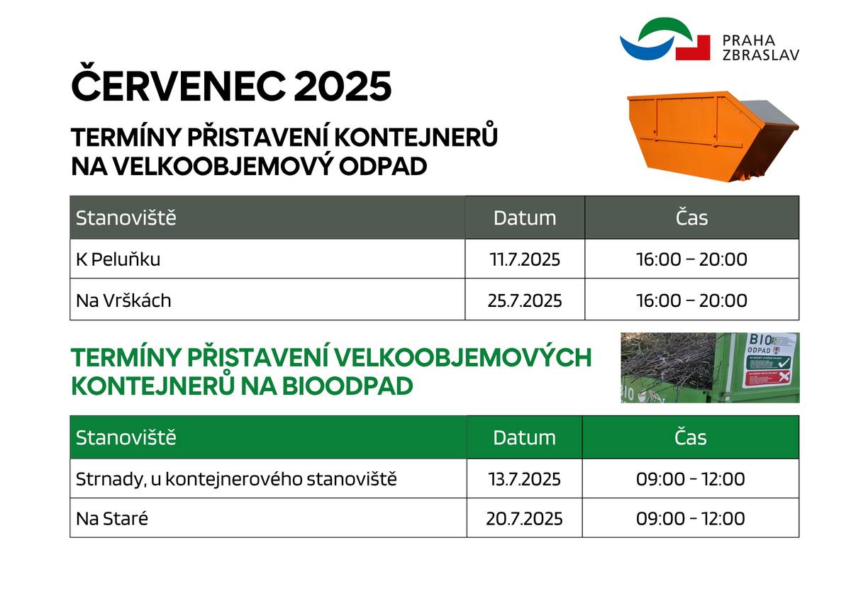 Poznačte si červencové termíny pro přistavení kontejnerů na velkobjemový odpad a bioodpad. Další informace na radničních webových stránkách.