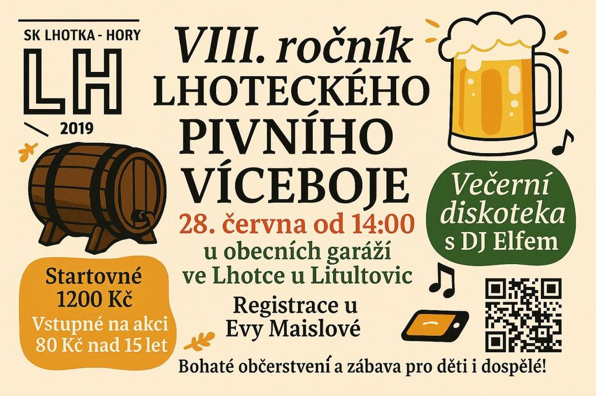 Vážení občané, kamarádi,  srdečně Vás zveme již tuto sobotu na další ročník Lhoteckého pivního víceboje, který se uskuteční od 14:00 u garáží.  Vstupné pro starší 15 let je 80 Kč a platí i na večerní diskotéku, kde Vám zahraje DJ Elfo - Jakub Hipsch.  Bohaté občerstvení a program zajištěno.  S pozdr