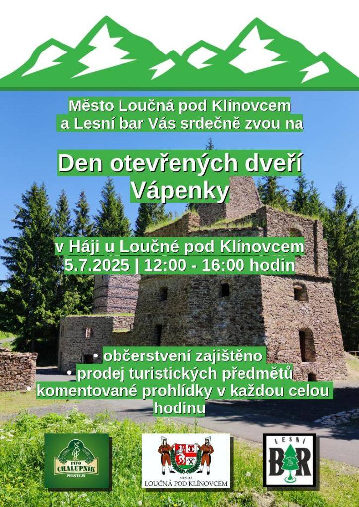 Město Loučná pod Klínovcem a Lesní bar Vás srdečně zvou na den otevřených dveří Vápenky v Háji u Loučné pod Klínovcem 5.7.2025 od 12:00 hodin do 16:00 hodin.