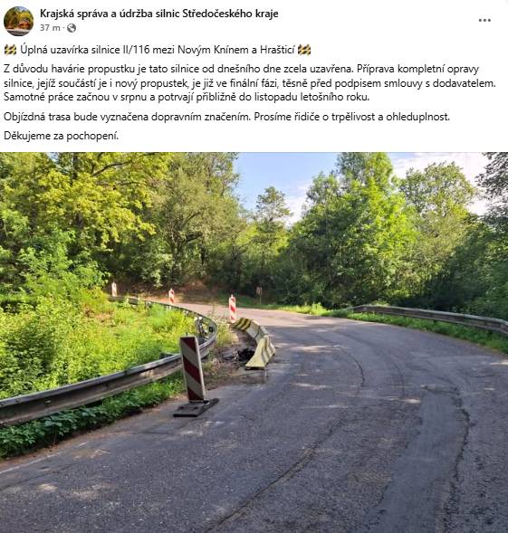 Úplná uzavírka silnice II/116 mezi Novým Knínem a Hrašticí