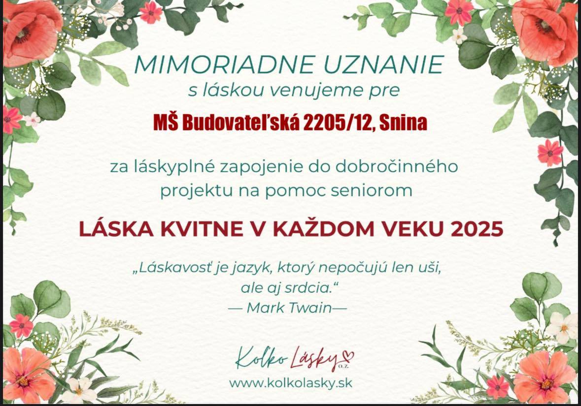 Ďakujeme Koľko Lásky o.z. za možnosť zapojiť sa do jarnej výzvy a potešiť seniorov v našom meste.    “Aj malá pomoc dokáže veľké veci.”