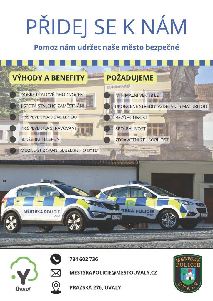 Městská policie Úvaly přijme nové pracovníky.   Více informací v letáku níže.