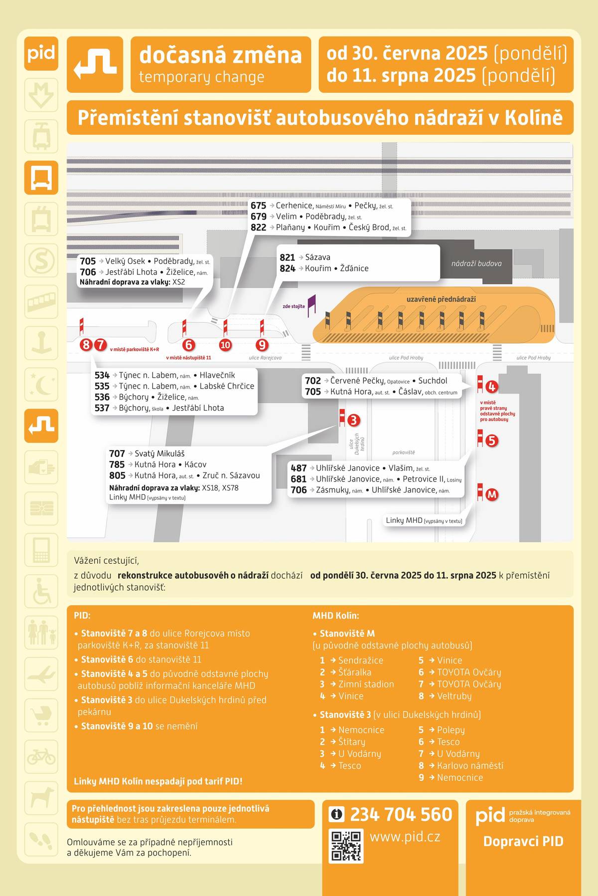 Změna stanovišť odjezdů autobusů z Kolína od 30.6. do 11.8.2025 !