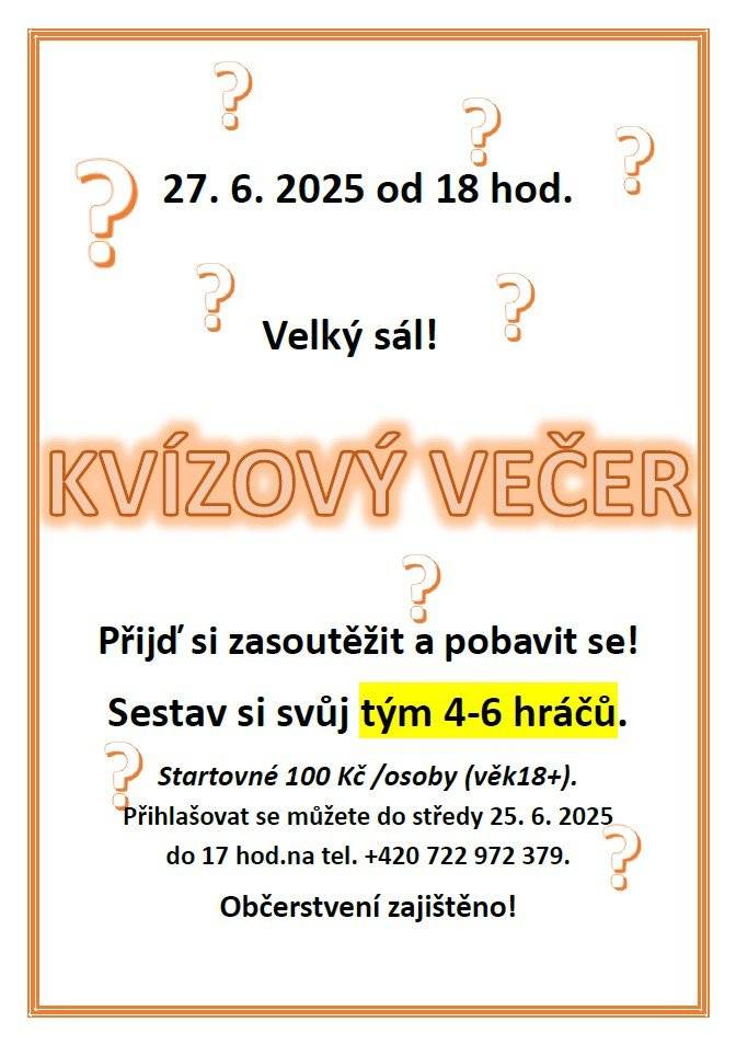 Připomínáme již tento pátek se můžete těšit na další kvízový večer. Ještě dnes se můžete se svým týmem přihlásit.