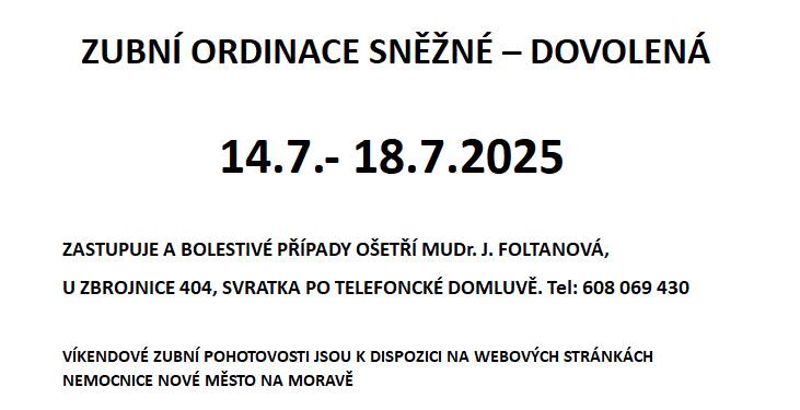 Zubní ordinace Sněžné informuje o termínu dovolené a možnostech ošetření v průběhu zavřené ordinace.