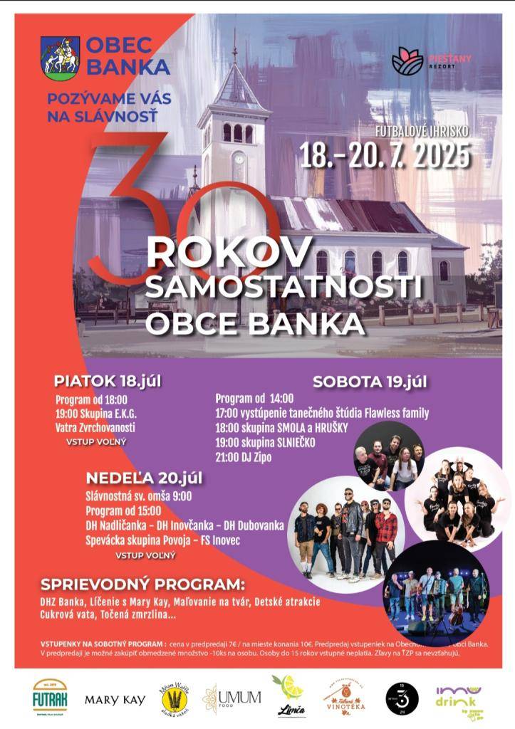 Obec Banka vás pozýva na slávnosť - 30 rokov samostatnosti obce Banka.